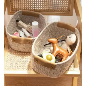 Cotton Rope Straw Storage Basket Foldable with Leather Handle for Home Bedroom Office Desktop Space Saving Cosmetic Organizer