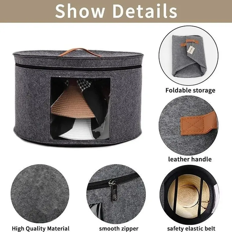 Felt Organizer Bucket Large with Leather Handle Clear Window Zippered Lid Multi Function for Hat Clothes Travel Case Storage Box - Image 6