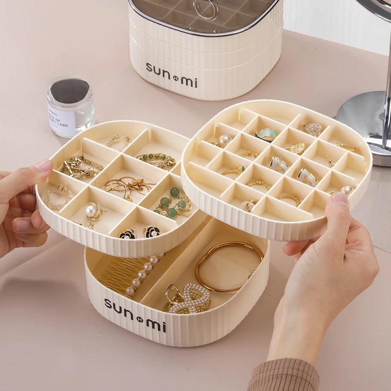 Vintage light luxury jewelry box with cream style multi-layer grid texture texture covered necklace bracelet watch storage box - Image 2