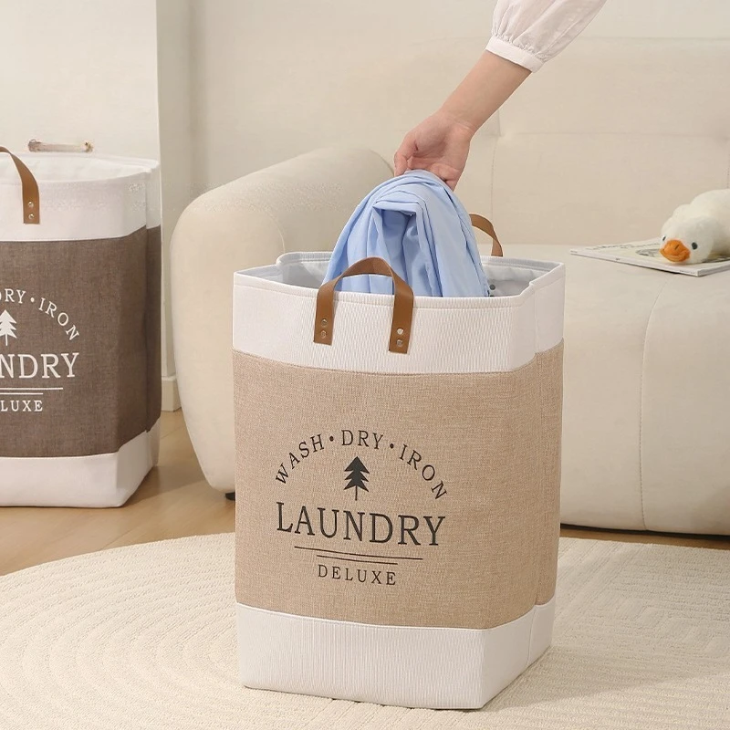 Home dirty clothes basket foldable imitation linen dirty clothes storage basket printed image two handed clothes basket - Image 2