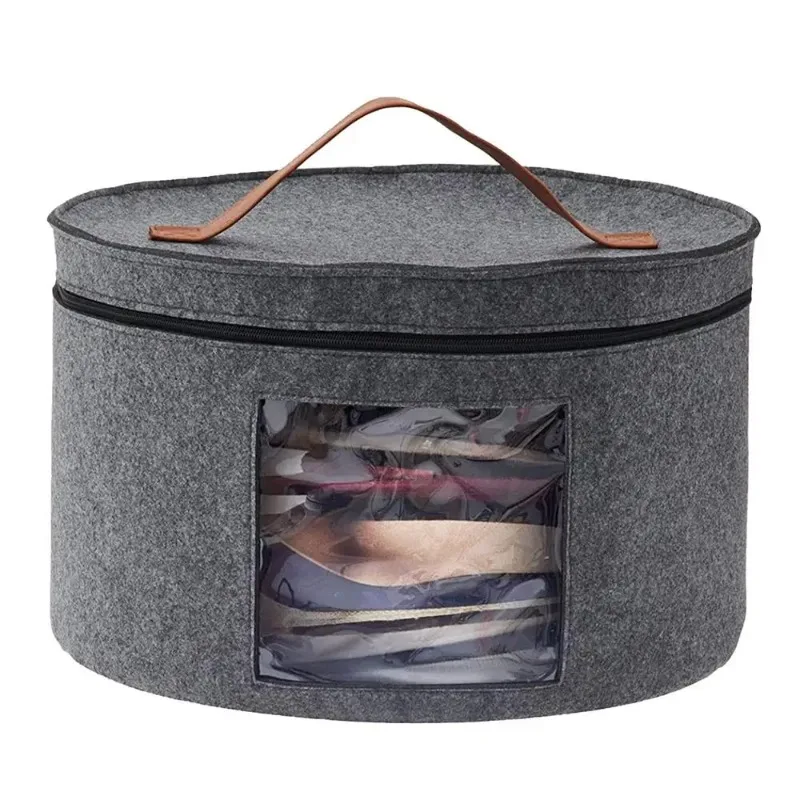 Felt Organizer Bucket Large with Leather Handle Clear Window Zippered Lid Multi Function for Hat Clothes Travel Case Storage Box - Image 2