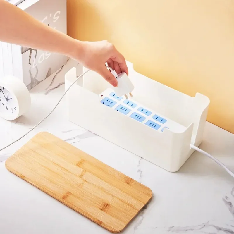 Wire Organizer Box Power Plug Board with Wooden Lid Plastic Wire Boxes Socket Data Cable Junction Box Desktop Storage Box - Image 4