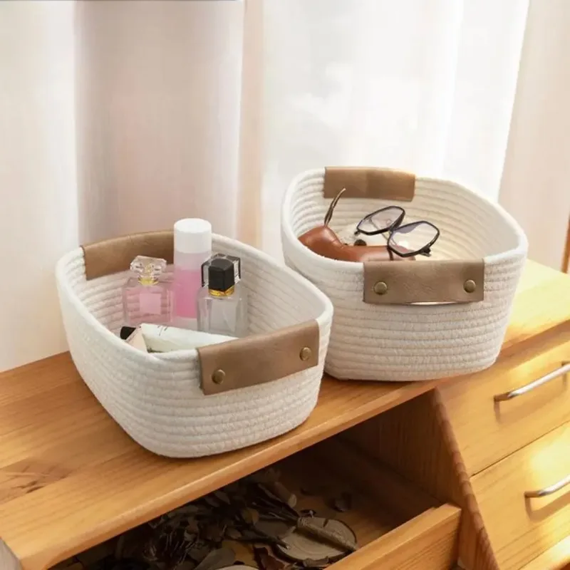 Cotton Rope Straw Storage Basket Foldable with Leather Handle for Home Bedroom Office Desktop Space Saving Cosmetic Organizer - Image 4