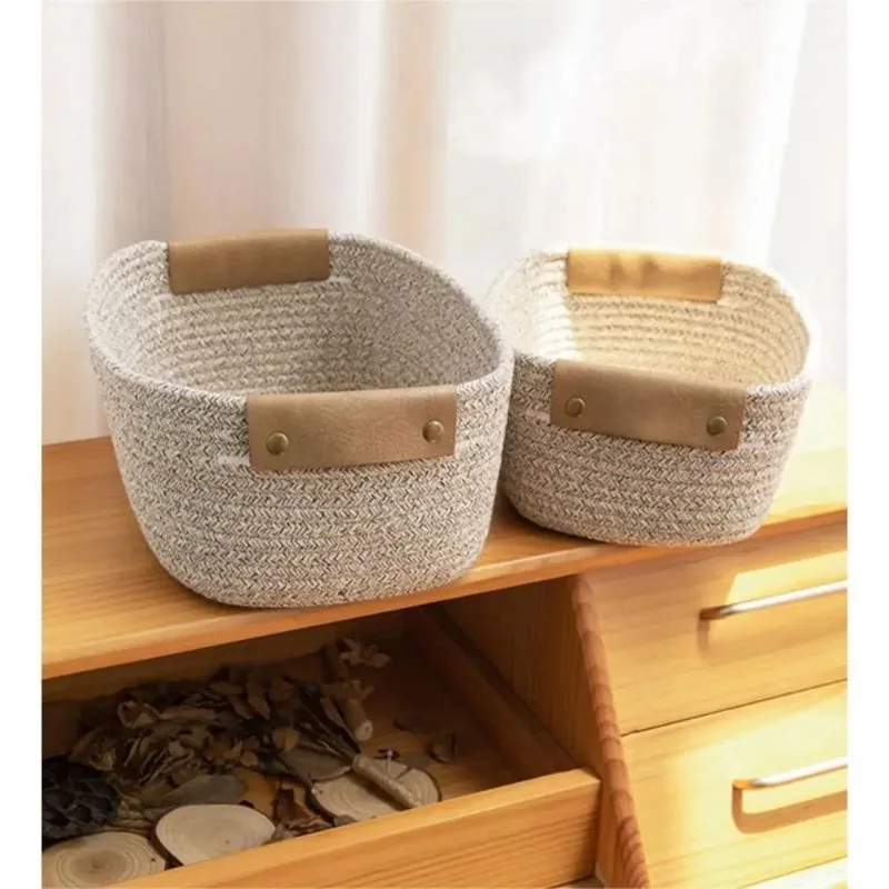 Cotton Rope Straw Storage Basket Foldable with Leather Handle for Home Bedroom Office Desktop Space Saving Cosmetic Organizer - Image 2