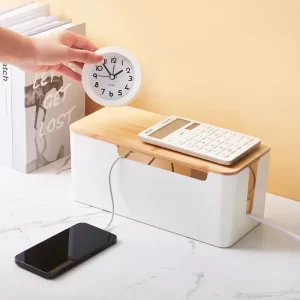 Wire Organizer Box Power Plug Board with Wooden Lid Plastic Wire Boxes Socket Data Cable Junction Box Desktop Storage Box