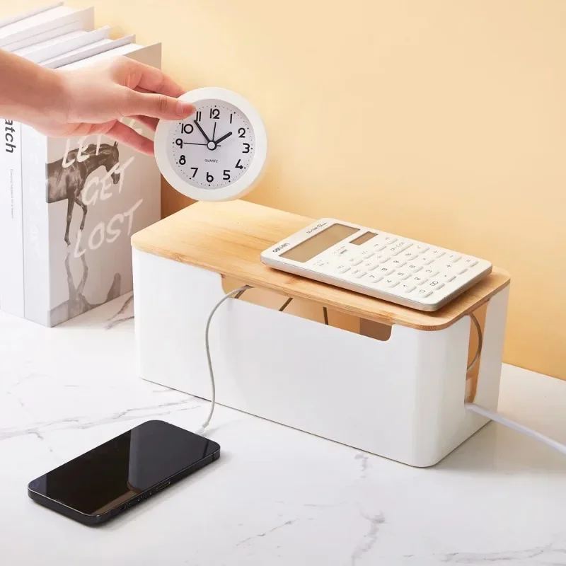 Wire Organizer Box Power Plug Board with Wooden Lid Plastic Wire Boxes Socket Data Cable Junction Box Desktop Storage Box