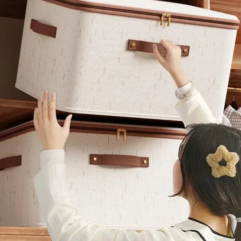 With Rivets Storage Box Linen Large Capacity with Lid Zipper Home Handheld Clothes Trousers Dormitory Wardrobe Organiser Bin - Image 5