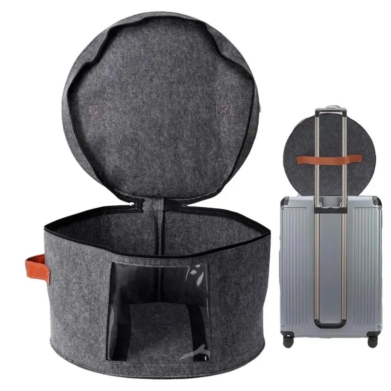 Felt Organizer Bucket Large with Leather Handle Clear Window Zippered Lid Multi Function for Hat Clothes Travel Case Storage Box