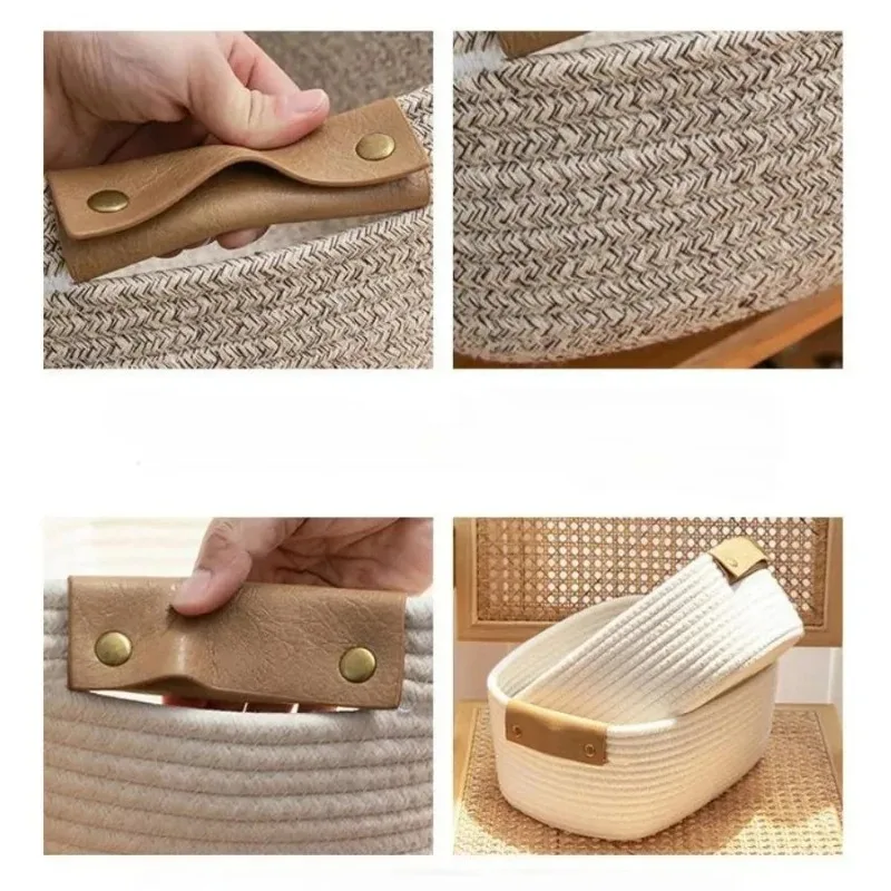 Cotton Rope Straw Storage Basket Foldable with Leather Handle for Home Bedroom Office Desktop Space Saving Cosmetic Organizer - Image 5