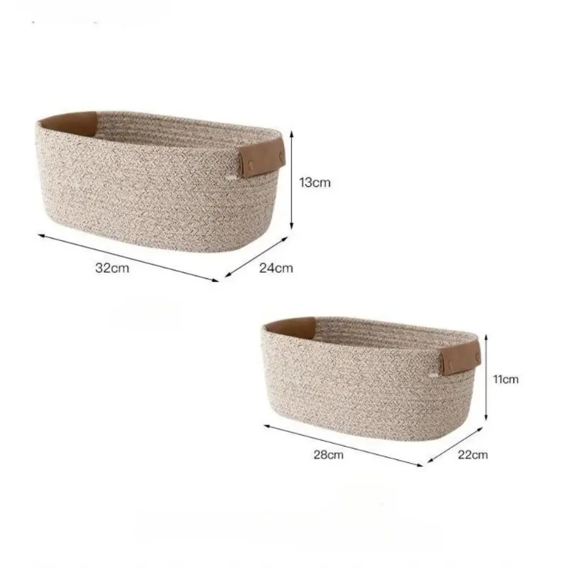 Cotton Rope Straw Storage Basket Foldable with Leather Handle for Home Bedroom Office Desktop Space Saving Cosmetic Organizer - Image 3